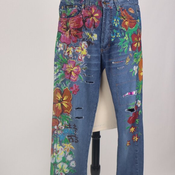 ❄ Vintage Dolce and Gabbana Floral Painted Ripped Distressed Jeans Denim Pants - Picture 2 of 10